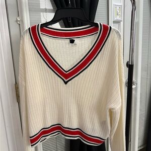 H&M Cream and Red V-Neck Sweater